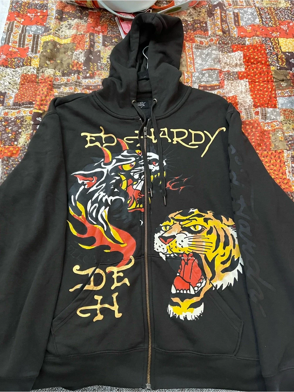 Ed Hardy Zip-Up Hoodie with Tiger & Flame Graphics